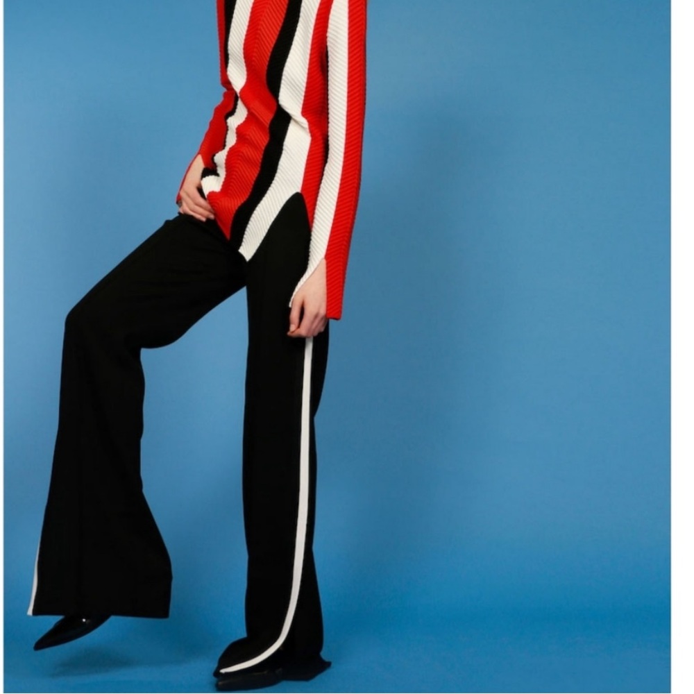 Akris Punto Black Wide-Leg Pants with White Side Stripe
